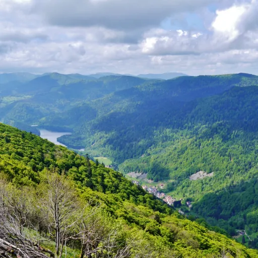 Panorama sur une vallée boisée et son lac depuis la Route des Crêtes dans le massif des Vosges