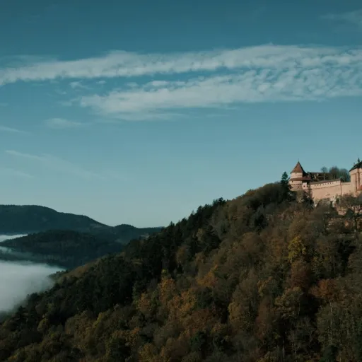 Le château du Haut-Koenigsbourg au-dessus d'une mer de brume, en Alsace
