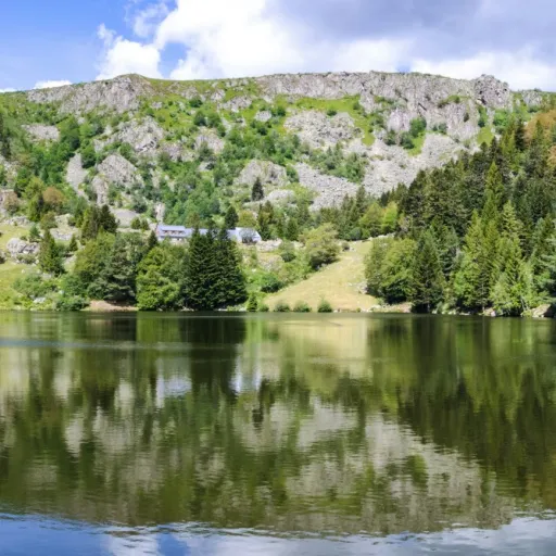 Le lac des Truites (lac du Forlet) et ses reflets, au pied des crêtes vosgiennes
