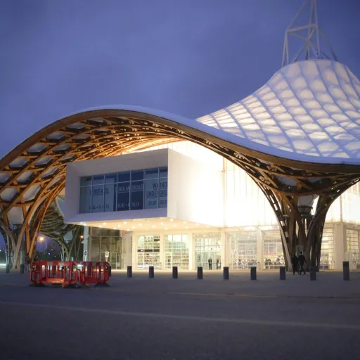 Le Centre Pompidou-Metz et sa charpente en bois illuminée à la tombée de la nuit