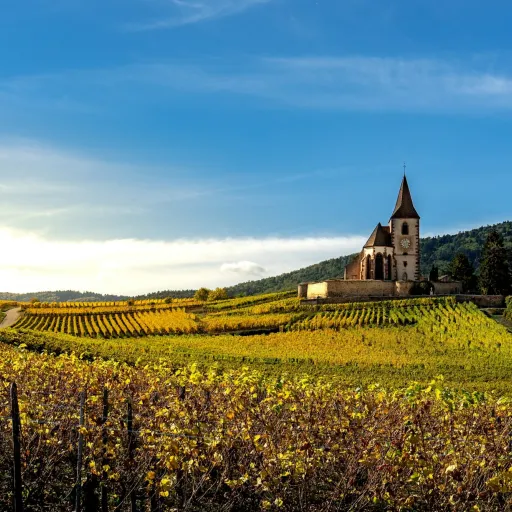 L'église fortifiée de Hunawihr au milieu des vignes, entre Ribeauvillé et Riquewihr