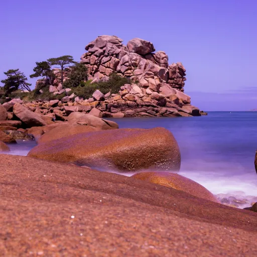 Rochers de granit rose et mer en pose longue à Perros-Guirec, dans le Trégor