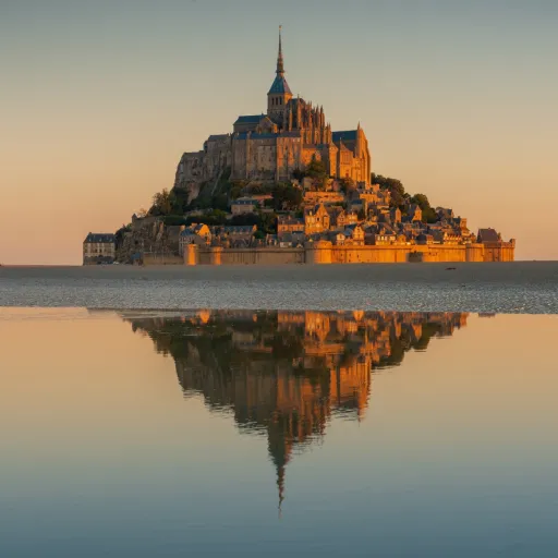 Le Mont-Saint-Michel se reflétant dans la baie au lever du soleil